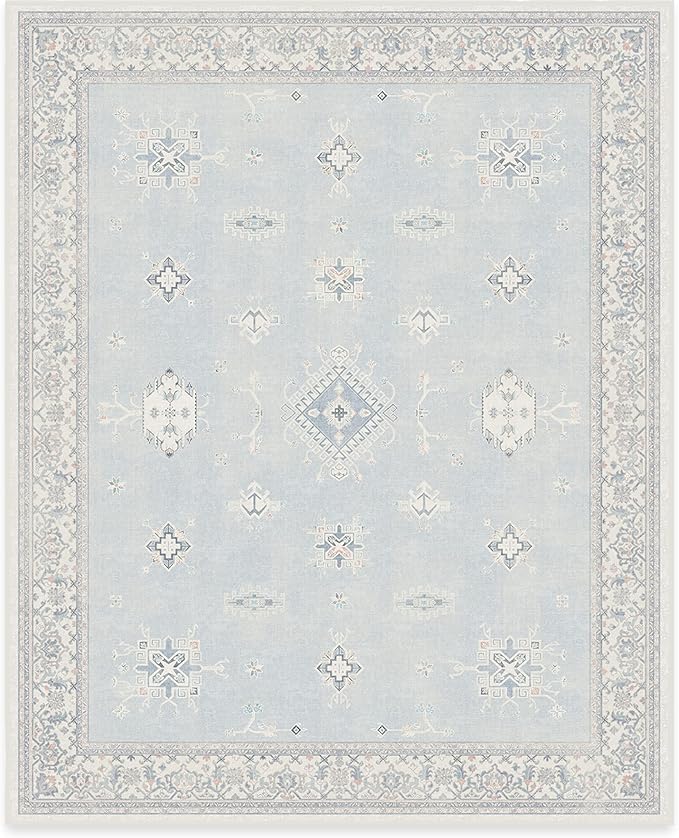 RUGGABLE Washable Vintage Area Rug – Verena Soft Blue 8x10, Stain-Resistant, Non-Slip – Large Machine Washable Rugs for Living Room, Bedroom, Hallway, Entryway & Office–with Standard Pad