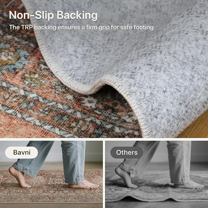 Bavni Washable Entry Rug 2x3, Non Slip Door Mat for Entryway or Kitchen, Vintage Print Low Pile Ultra Thin Indoor Rug, Brick