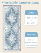 SERISSA Boho Washable Runner Rug, 2x6 Rug Non-Slip Vintage Blue Hallway Kitchen Runner Rug Ultra Soft Print Distressed Floor Carpet for Bedroom Bathroom Laundry Living Room