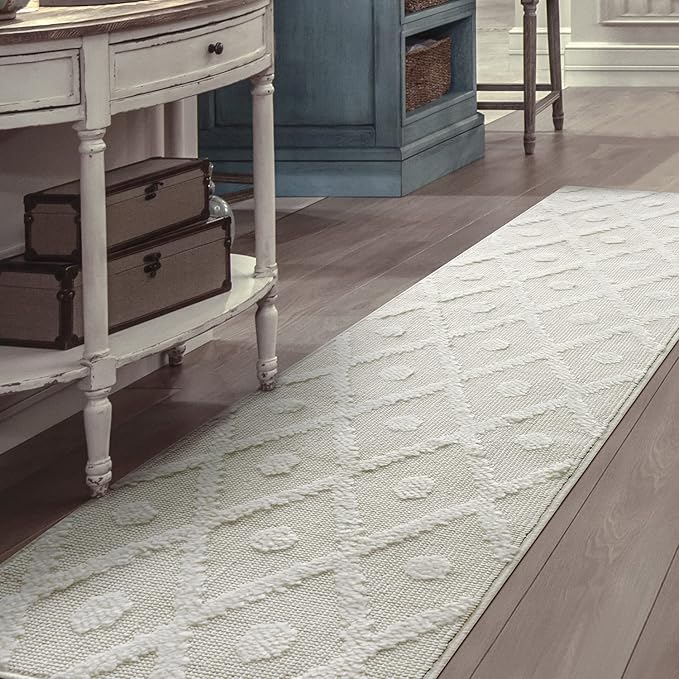 Antep Rugs Palafito 2x7 Geometric Shag Diamond High-Low Pile Textured Indoor Runner Rug (White, 2' x 7')