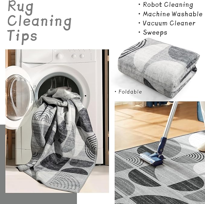 MUJOO Runner Rug Washable,2x6 Area Rugs for Hallways Kitchen Bathroom Bedroom Entryway,Non Slip Carpet Long Mat Indoor,Boho Soft Modern Abstract Black and Grey