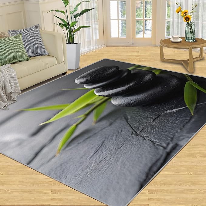 Zen Buddhism Rugs for Bedroom - 3x5 Area Rug - Black Zen Dianthus Leaf Rugs for Living Room, Meditation Yoga Rug, Washable Home Decor Carpet