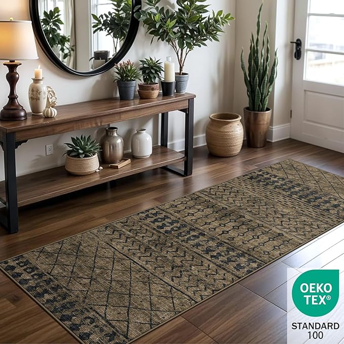 2x6 Machine Washable Runner Rug, Kitchen Hallway Area Rug, Brown Black Vintage Moroccan Rug Ultra Non-Slip Low Pile Soft Faux Wool Carpet, Kids and Pets Friendly for Bedroom Entryway Bedside Decor Rug