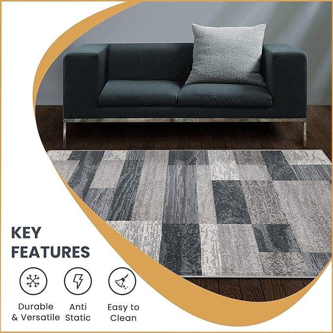 Superior Indoor Runner Rug, Jute Backed, Modern Geometric Patchwork Floor Decor for Bedroom, Office, Living Room, Entryway, Hardwood Floors, Rockwood Collection, 2' 7" x 10', Blue-Taupe