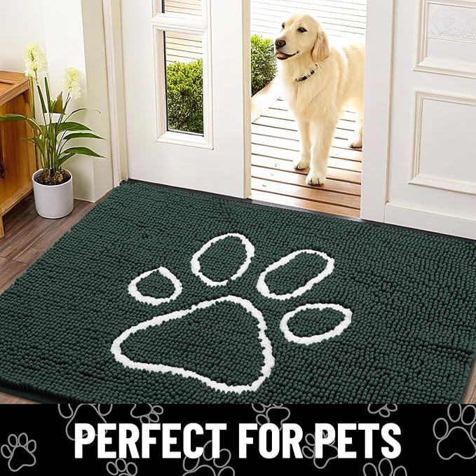 Smiry Dog Door Mat for Muddy Paws, Absorbent Dirt Trapper Non Slip Quick Dry Washable Chenille Mat for Mud Dogs, Entry Rug for Indoor and Outdoor (40x32 Inches, Green and White)