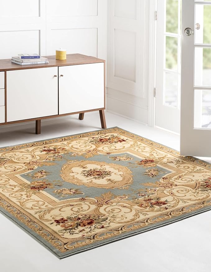 Unique Loom Versailles Collection Area Rug - Henry (7' 10" Square Light Blue/Cream)