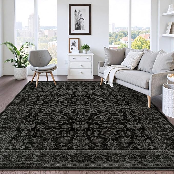 LIVEBOX Washable Area Rug 8x10 - Large Black Boho Living Room Rug Vintage Rugs for Bedroom, Non-Slip Retro Floral Carpet Print Distressed Accent Rugs for Dining Room Home Office