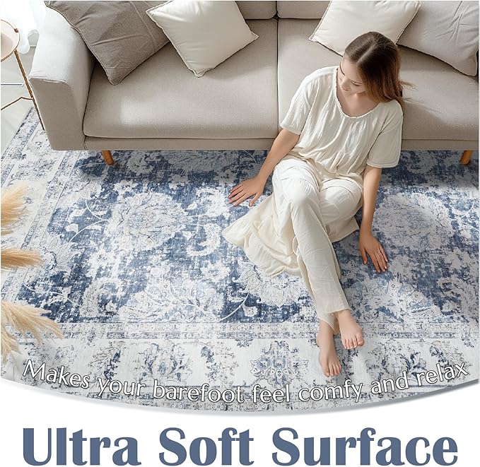 jinchan Fiora Runner Rug 2x5 Washable Hallway Runner- Vintage Floral Non Slip Low-Pile Soft Thin Kitchen Rug Distressed Carpet for Farmhouse Bedroom Entryway Laundry Room(2x5ft, Dark Blue)