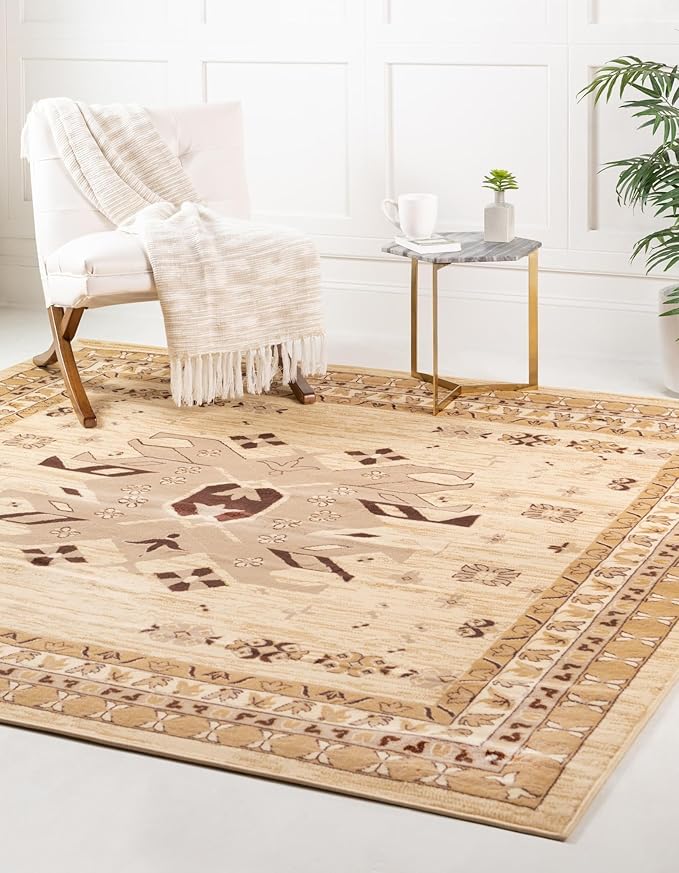 Unique Loom Taftan Collection Border Geometric Tribal Inspired Design Area Rug (8' 0 x 8' 0 Square, Ivory/ Tan)