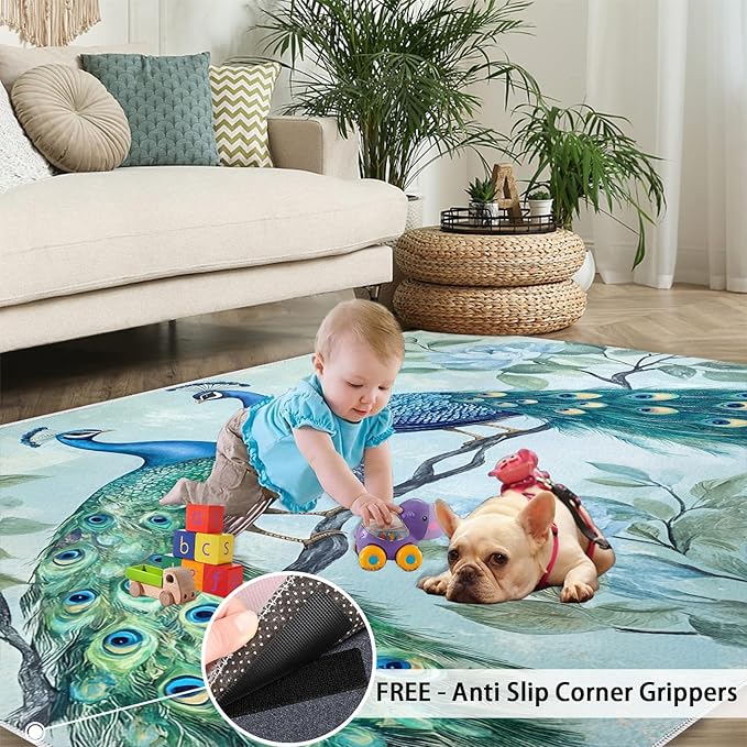 Peacock Rugs for Living Room - 5x6 Rug, Classic Peacock Floral Area Rugs for Bedroom, Teal Turquoise Rug, Modern Style Washable Carpet, Aesthetics Carpet - Peafowl Home Decor & Gifts