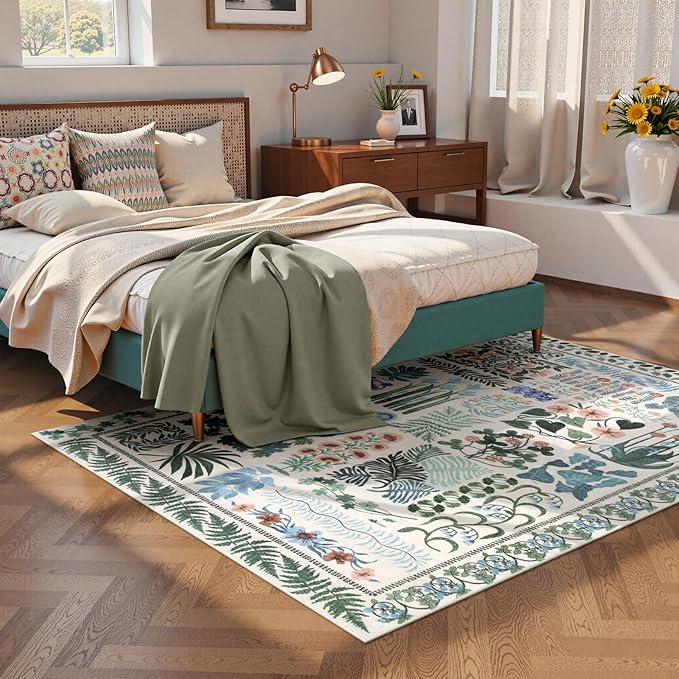 Floral Boho 5x7 Area Rugs for Bedroom Living Room, Botanical Soft Dining Room Rug, Large Non Slip Stain Resistant Indoor Throw Carpet for Entryway Kitchen Office Playroom (Beige,5 x 7)