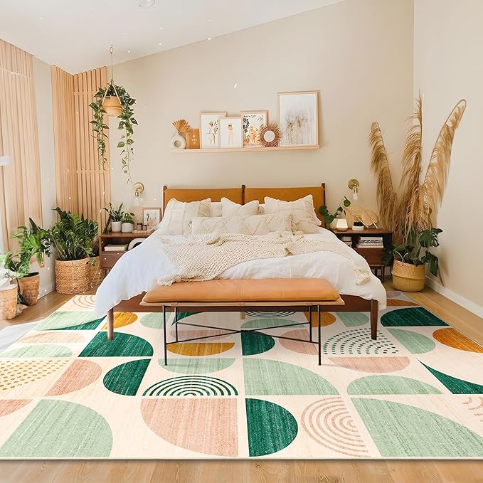 MUJOO Green Washable Rugs 8x10,Boho Area Rugs for Living Room Bedroom,Large Throw Floor Carpet Non Slip Soft Modern Abstract Sage Green