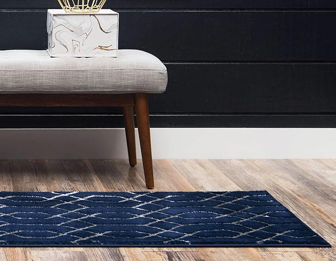 Unique Loom Marilyn Monroe Glam Collection Area Rug - Trellis (2' x 10' Runner, Navy Blue Silver/ Silver)