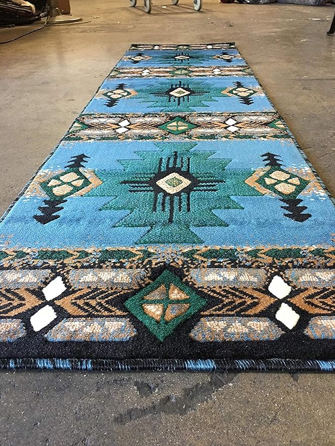 YHSF South West Native American Area Rug C318 - Easy Clean, Thick, Soft, Durable Native Tribal American Indian Inspired Rug for Bedroom/Living Room and More - Blue-Green, 2 Feet x 7 Feet