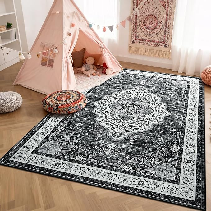 Black 4x6 Rug for Bedroom, Non Slip Washable Area Rugs for Living Room, Distressed Indoor Retro Accent Vintage Carpet for Kitchen, Office, Dining Room, Farmhouse, Kids Room