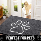 Smiry Dog Door Mat for Muddy Paws, Absorbent Dirt Trapper Non Slip Quick Dry Washable Chenille Mat for Mud Dogs, Entry Rug for Indoor and Outdoor (24x16 Inches, Dark Grey and White)