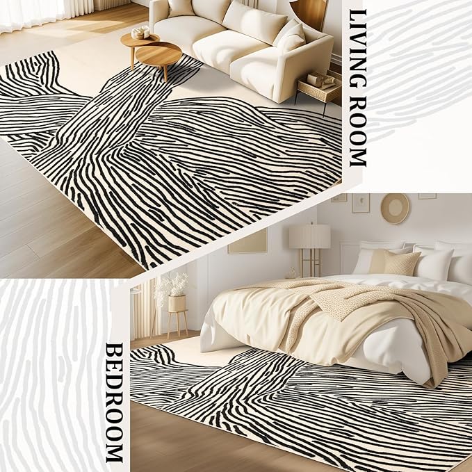 YIHOUSE 9×12 Ft Washable Rug, Black and White Abstract Area Rug for Bedroom, Living Room, Dining Room, Office, Playroom, Nursery, Ultra Thin Nonslip Modern Large Rugs Soft Contemporary Striped Rugs