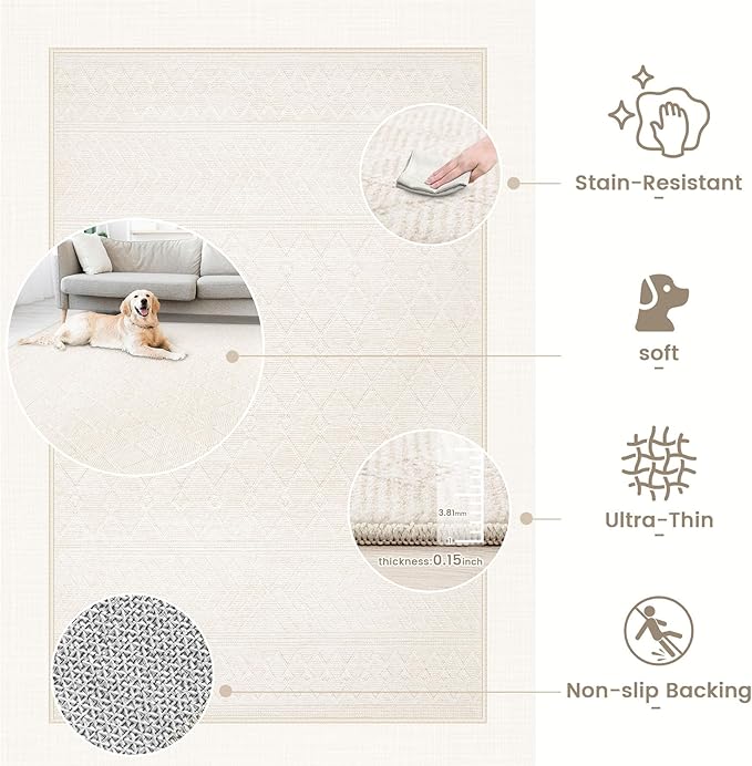 8x10 Area Rug Living Room: Washable Boho Geometric Moroccan Rug Neutral Modern Farmhouse Indoor Soft Non Slip Ultra Thin Large Printed Pattern Carpet for Bedroom Home Office (Beige, 8'x10')