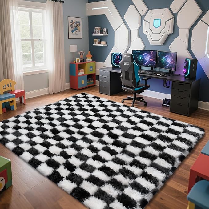 Checkered Rug for Living Room, 6x9 Black and White Area Rugs, Classic Checkered Carpets Shaggy Area Rug, Bedside Rugs for Living Room Bedroom Kids Room Home Decor