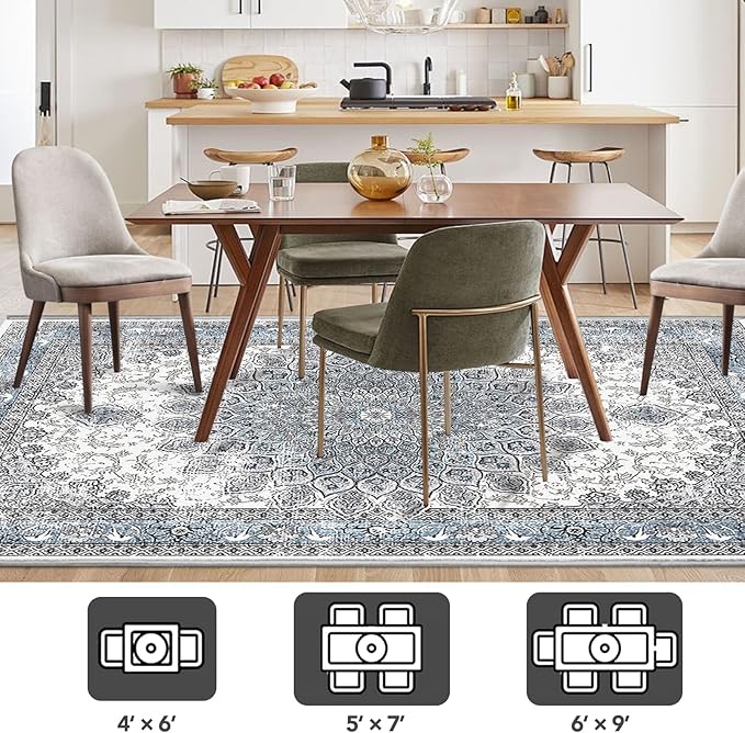5’x7’ Area Rugs for Living Room Non Slip Washable Low Pile Area Rugs for Bedroom Dining Foldable Vintage Carpets Blue