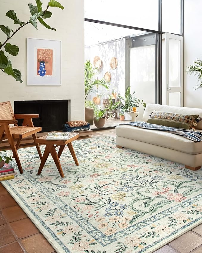 Wonnitar Boho Washable Rug 8x10, Large Area Rug for Living Room, Soft Floral Carpet for Bedroom Non Slip, 8 x 10 Indoor Beige Carpets for Nursery Dining Room Apartment Office Decor