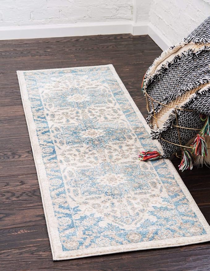 Unique Loom Salzburg Collection Classic Traditional Design Oriental Inspired Border Area Rug (2' 0 x 6' 0 Runner, Beige/Blue)