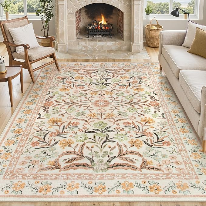 Lahome Fall Floral Washable Area Rugs 8x10, Boho Living Room Large Rugs Non-Slip for Bedroom, Soft Rubber Backed Burnt Orange Carpet for Dining Playroom Decor, Ochre Fall