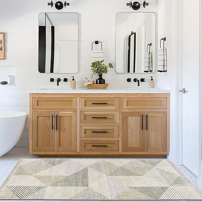 ReaLife Rugs Machine Washable Area Rug Runner - Living Room Bedroom Bathroom Kitchen Entryway Office - Padded Low Pile Stain Resistant Premium - Modern Geometric Contemporary - Miles - Beige 2'6"x8'