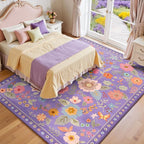 Floral 8x10 Area Rug Machine Washable Soft Print Boho Carpet Non Slip Doormat Low Pile Flower Area Rugs for Living Room Bedroom Nursery Kitchen Dining Room Indoor-Purple/Pink/Multi