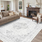8x10 Vintage Washable Area Rugs Boho Medallion Large Distressed Retro Accent Carpet Floral Non-Slip Soft Low Pile Indoor Throw Rug for Living Room Bedroom Dining Room Office Kitchen, Gray