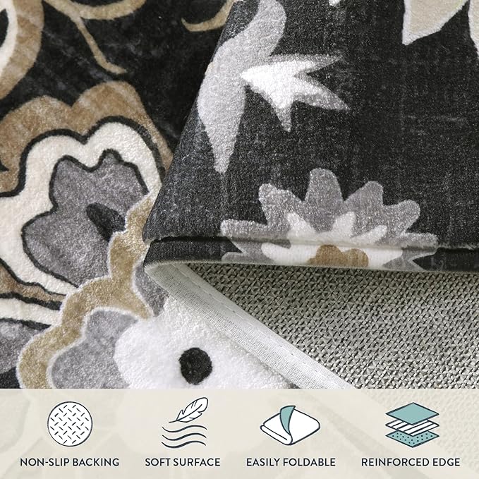 Lahome Floral Black Rug for Living Room - Washable 5 x 7 Area Rugs for Bedroom Non-Slip Ultra-Thin Large Rug Stain Resistant Dining Room Rugs, Paisley Print Accent Rugs Carpet for Office Kitchen