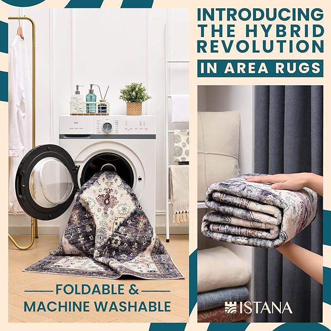 Istana 4x6 Rug - Dark Grey Blue & Rose Mauve Area Rugs 4x6 - Kid & Pet Friendly Machine Washable Rugs - 4 x 6 Area Rug Non Slip & Non Shedding Area Rug - Foldable Rug for Room for Bedroom