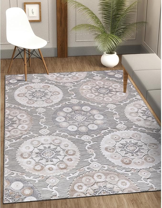 CAMILSON Indoor Outdoor Rug 9x12 Bohemian Medallion Floral Area Rugs for Indoor and Outdoor Patios Easy-Cleaning Non-Shedding Living Room Garden and Kitchen Washable Outside Carpet (9 x 12 / Beige)