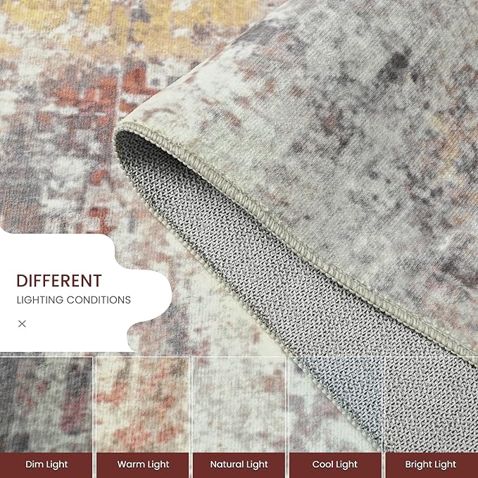 Living Room Rug 7x10 Beige Area Rugs Machine Washable Abstract Boho Large Rug Non-Slip Non-Shedding Faux Wool Indoor Vintage Carpet for Bedroom, Classroom, Dining Room, Kids Playroom