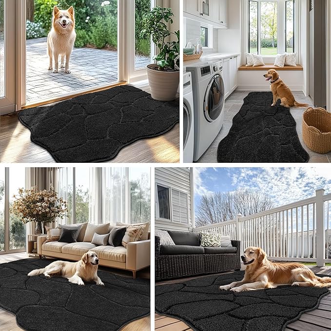 Large Dog Door Mat for Muddy Paws, 24x59 Absorbent Dirt Trapper Long Door Mat, Non-Slip Washable Mud Mat for Dogs, Polyester Microfiber Soft Pet Rug Mat for Entryway, Mud Dog Paws, Patio (Black)