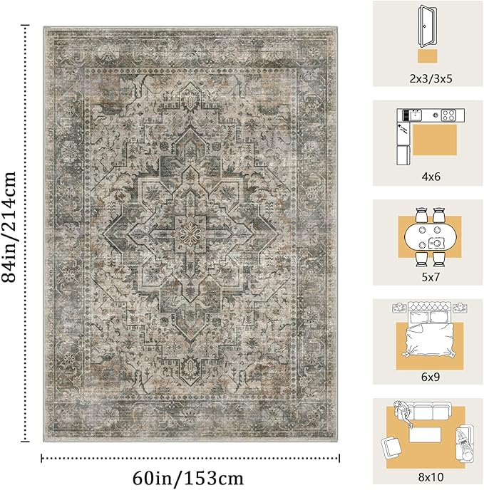 5x7 Machine Washable Area Rug for Living Room, Grey Rusty Boho Vintage Floral Rug Large Non-Slip Low Pile Soft Faux Wool Carpet, Kids and Pets Friendly for Bedroom Dining Room Farmhouse Decor Rug
