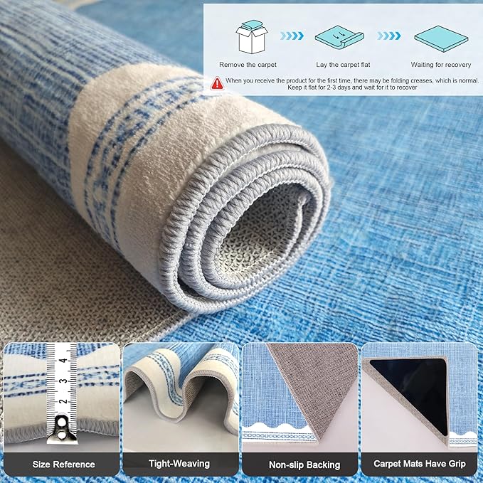 Scalloped Rug 3x5 Rugs Washable Non-Slip Low-Pile for Entryway Solid Blue Rug for Dining Room,Ultra Soft Modern Contemporary Aesthetic Carpet for Bathroom Living Room Dining Table