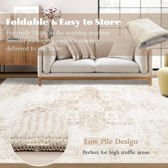 Area Rug 10x14 Washable Rug, Vintage Boho Medallion Rugs Non-Slip Soft Low Pile Large Distressed Rug Indoor Retro Carpet for Living Room Bedroom Dining Room Home Office (Beige, 10'x14')