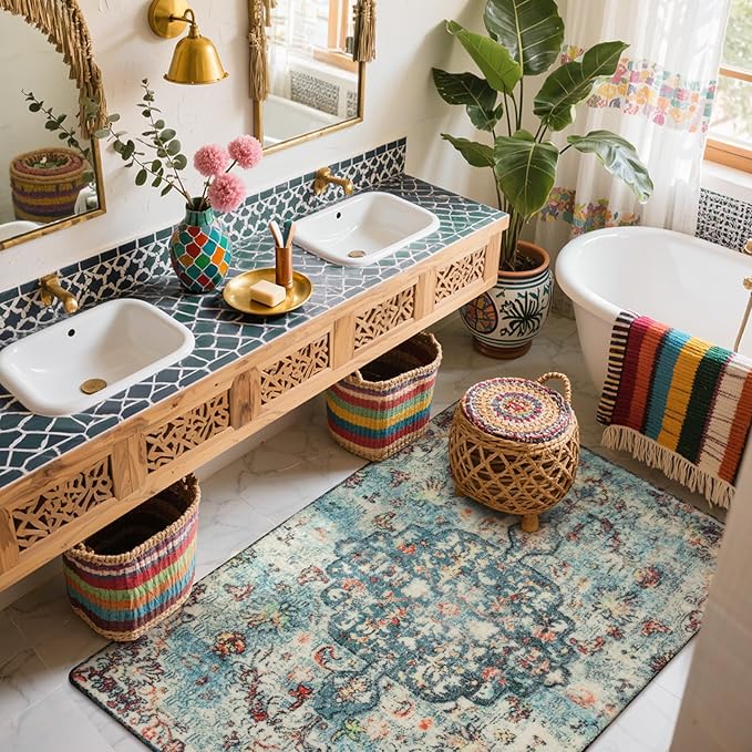Lahome Bohemian Floral Medallion Area Rug - 3x5 Vintage Teal Distressed Entry Throw Rug Turkish Faux Wool Accent Rug Non-Slip Washable Low-Pile Carpet for Bathroom Entrance Living Bedroom