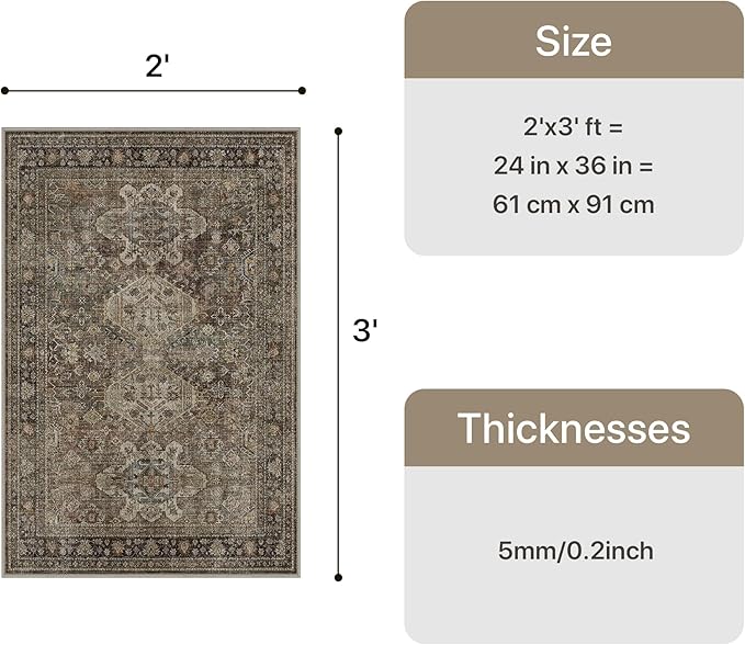 Bavni Washable Entry Rug 2x3, Non Slip Door Mat for Entryway or Kitchen, Vintage Print Low Pile Ultra Thin Indoor Rug, Brown