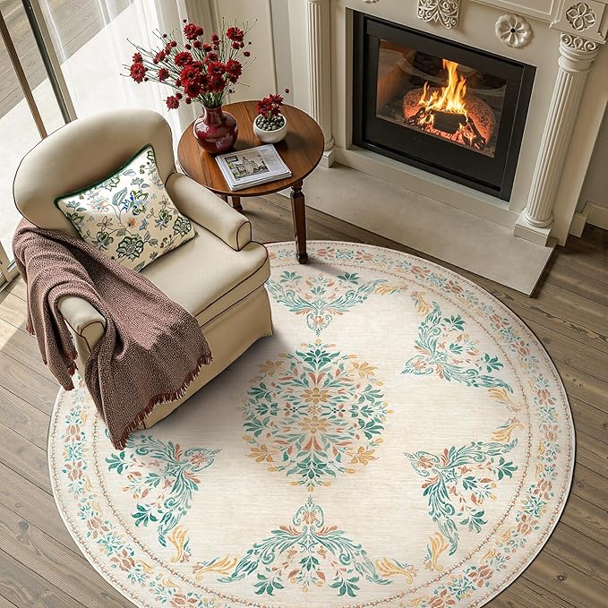 jinchan Round Rug 5ft Area Rugs Vintage Floral Distressed Design, Machine Washable Soft Non-Slip Low-Pile Ultra-Thin Circle Rug for Entryway Living Room Dining Room Bedroom (5' Round, Apricot Multi)