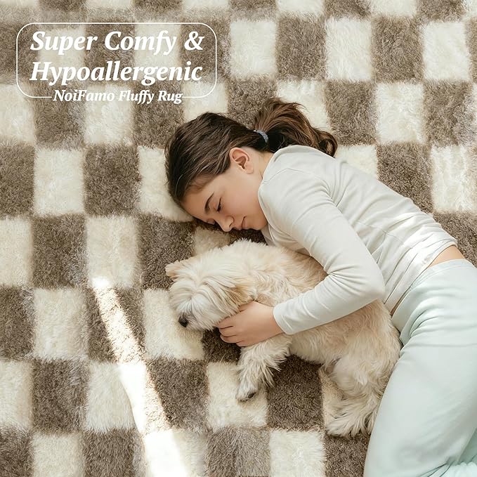 6x9 Area Rugs for Living Room Bedroom, Soft Fluffy Shaggy Bedside Rug, Indoor Floor Carpet for Kids Playroom, Dorms, Nursery Rooms, Home Decor (Camel & White 6'x9')