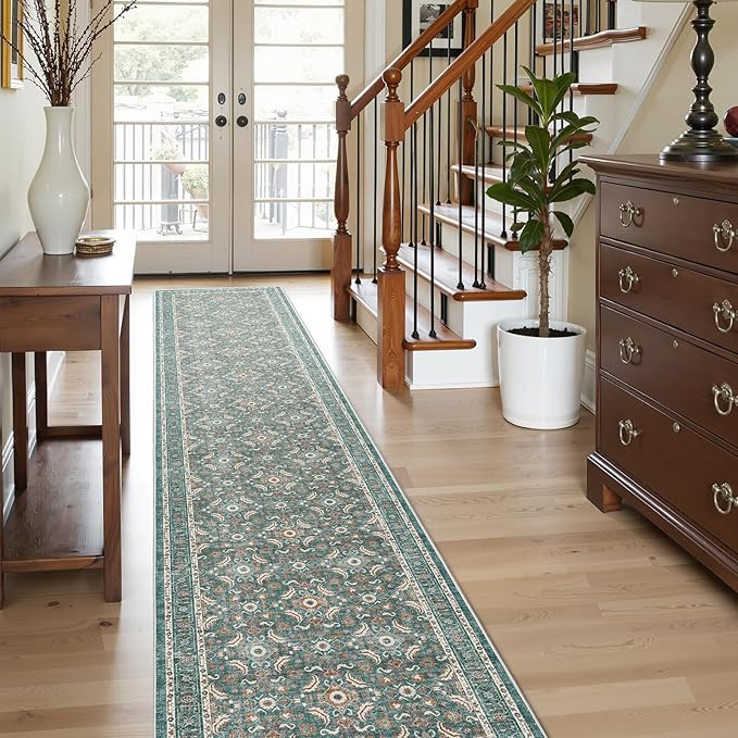 WITSHOCK 2x10 Long Runner Rug for Hallway,Washable Rug Distressed Boho for Bedroom Kitchen Entryway Indoor Entrance,Non Slip Runner Rugs with Rubber Backing（Teal Blue,2x10）