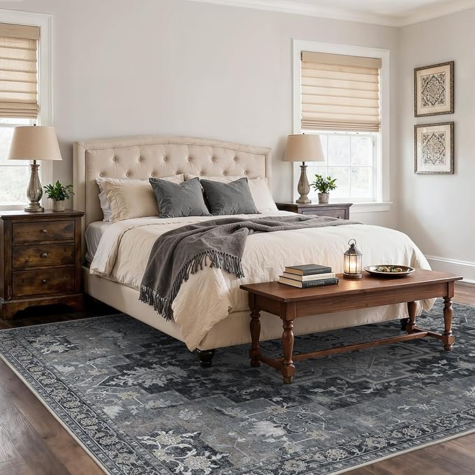 8x10 Area Rugs for Living Room, Machine Washable Non Slip Vintage Rugs, Low Pile Lightweigt Print Indoor Rug for Bedroom, Dining Room, Home Office, Dark Gray