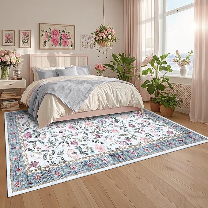 GarveeHome Large Washable Area Rug 10 x 13 for Living Room, Non-Slip Soft Vintage Rug, Low Pile Farmhouse Floral Carpet, Non-Shedding Foldable Printed Rugs for Bedroom, Light Blue