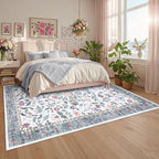 8x10 Washable Floral Distressed Rug, Vintage Farmhouse Area Rug for Living Room, Non-Slip Low Pile Soft Carpet for Nursery Bedroom Dining Room Home Office, Light Blue