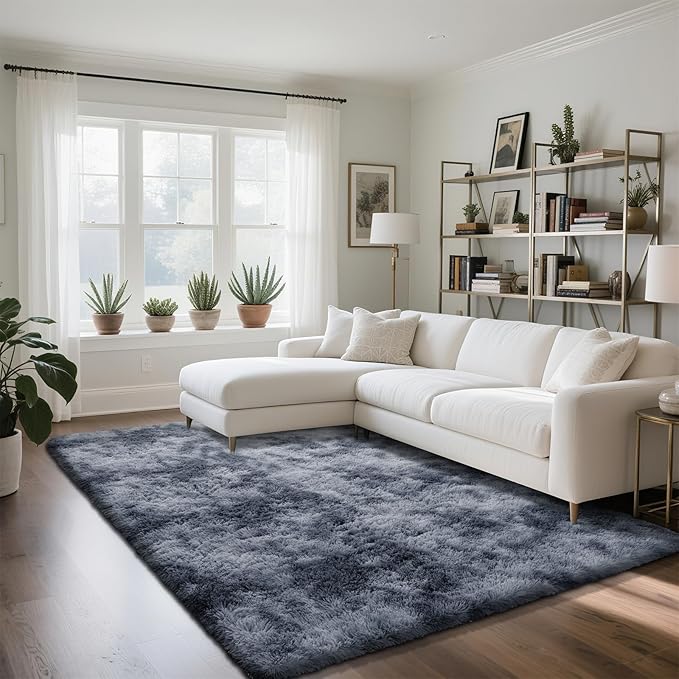 Fluffy Rug Shaggy Area Rug, Mottling Dark Grey 6x9 Area Rugs for Living Room, Large Shag Area Rugs for Bedroom Kids Room Home Decor, Upgrade Anti-Skid Rectangular Fuzzy Rugs