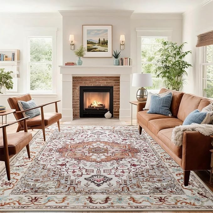 Washable Area Rugs 5x7, Beige Vintage Rugs-Low Pile Carpet, Non-Slip Distressed Printed Patterns Rugs for Bedroom, Living Room, Dining Room, Beige