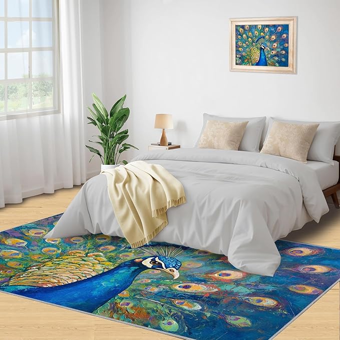 Peacock Rug Large - 5x7 Rug, Turquoise Teal Peafowl Washable Rugs for Living Room, Peafowl Decor Carpet, Modern Style Non-Slip Area Rugs for Bedroom, Aesthetics Carpet - Peafowl Home Decor & Gifts