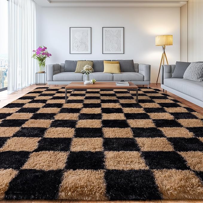Upgrade Non-Slip Plush Rugs for Living Room, Soft Shaggy Carpets for Living Room, Fuzzy Rugs for Kids' Room, Perfect Decor for Modern Home Grid 5x7Feet
